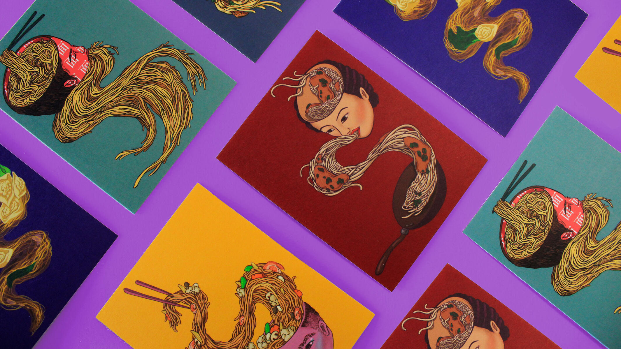 A series of postcards featuring noodle illustrations by Clara, spread out on a bright purple background